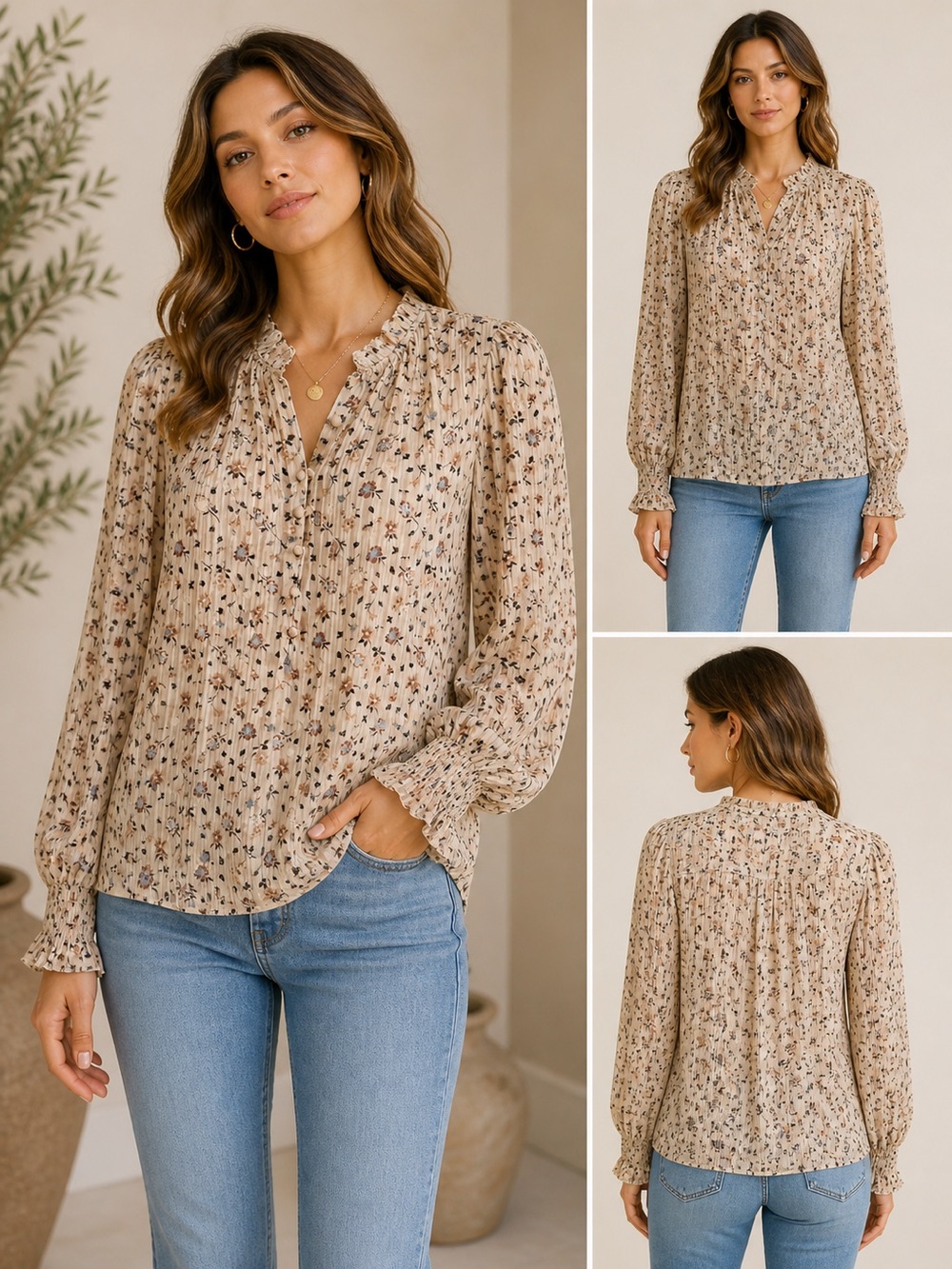 Women’s Tamara H 1X Cream Floral Blouse with Smocked Cuffs Shimmer Thread
